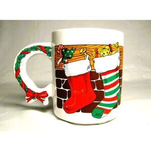 Christmas Ceramic Mug 8 ounce Capacity Fireplace with Stockings Wreath Handle